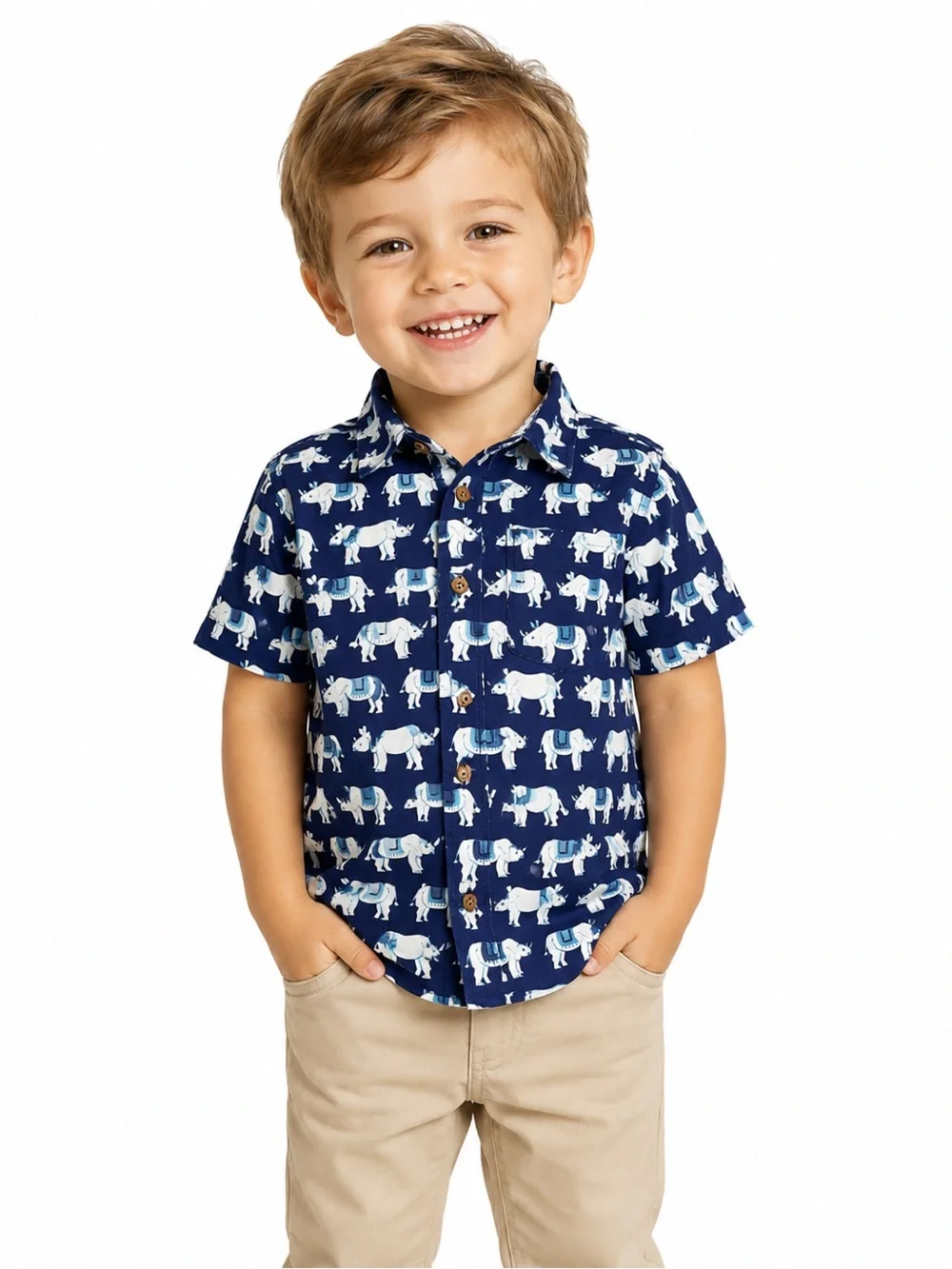 Baby GAP Navy Woven Cotton Button-Down Shirt with White Rhino Print Size 3